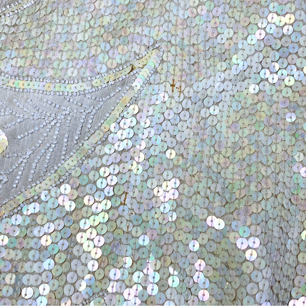 Vintage 100% Silk Ivory 70s 80s Fully Beaded Sequin Long Sleeve Dress - Picture 14 of 15